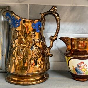 Antique English Copper Lusterware  Relief Jug Pitcher - Dancing Couple